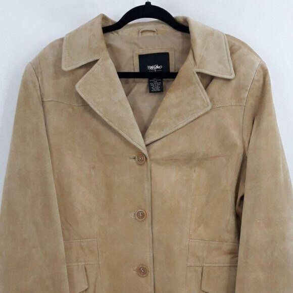 Vtg 90s Mossimo Blazer Shacket Leather Suede Western Boyfriend 3 Button Tan Sz L - Picture 4 of 8